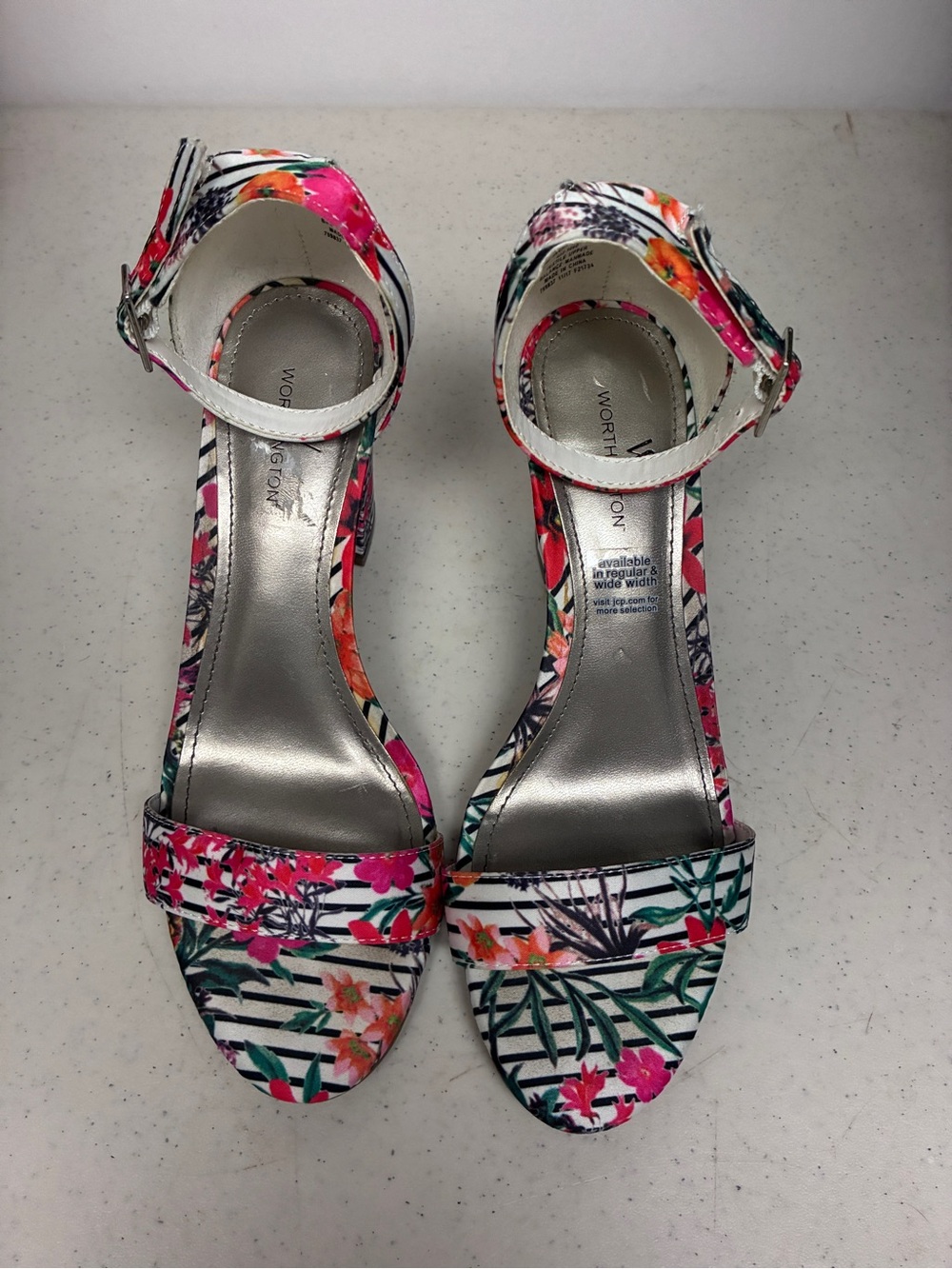 Worthington Floral Print Ankle-Strap Heels in Pink and Green